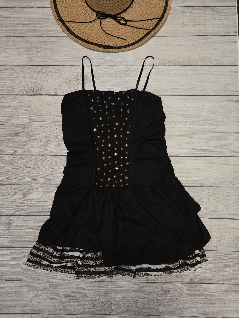 Vintage Y2K Forla Paris Black Studded Tiered Dress with Spaghetti Straps